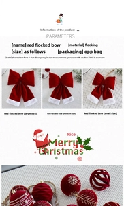 Macro detail of red velvet Christmas bows with white plush edges and festive ornaments