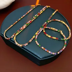 Gold plated tennis necklace and bracelet set with colorful round zircon gemstones