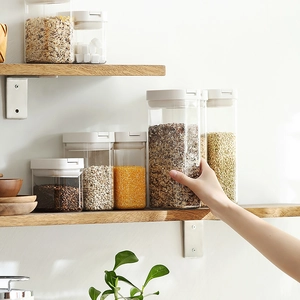 Airtight plastic kitchen storage containers with white lids for grains and cereals