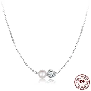 Collier Pendentif Fleur de Rose en Argent Sterling 925 Moissanite Avec Perle d'Eau Douce Naturelle Chaîne de Clavicule Élégante Bijoux Femme