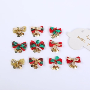 Set of 10 festive Christmas bows with jingle bells and striped holly leaf patterns