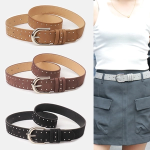 Vintage Women Faux Leather Belt With Studded Rivets Punk Style Suede Texture Pin Buckle Waist Strap For Jeans Dresses