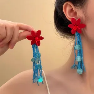 Red flower tassel earrings with blue glass beads for fresh summer style beach fashion