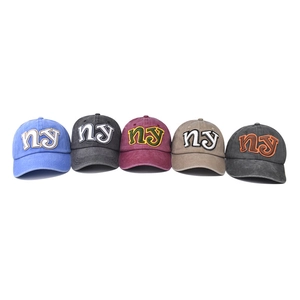 Washed cotton baseball caps set with NY embroidery in five assorted vintage colors