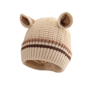 Cute beige striped knit baby beanie with animal ears and warm thermal lining