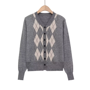 Women Argyle Knit Cardigan V-Neck Single Breasted Long Sleeve Grey Sweater Vintage Preppy Style Polyester Soft