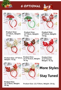 Detailed grid view showing Christmas headband dimensions, antler styles and weight specs
