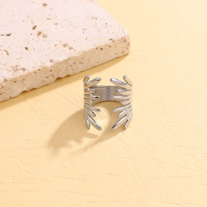 Adjustable silver branch layered ring made of stainless steel for women on a stone base