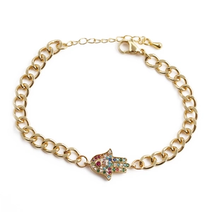 Bracciale Mano di Fatima dorato con cristalli colorati e ciondolo malocchio donna