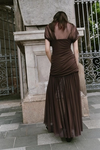 Detailed back view of a slim-fit dark brown mesh maxi dress with ruching and pleated hem