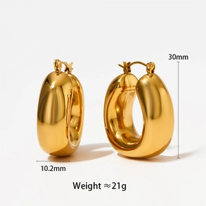 Polished gold U-shaped oval hoop earrings in stainless steel, 30mm height size view