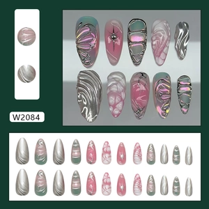 3D ripple butterfly press on nails in silver and pink with Y2K metallic liquid lines