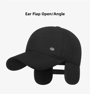 Detail view of winter baseball cap showing unfolded earflaps for ear protection