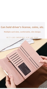 Pink trifold long wallet interior showing multiple card slots and zipper compartment