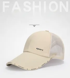 Detail of breathable mesh fabric and sport embroidery on lightweight baseball cap