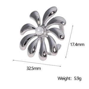 Detail of silver flower ring with white pearl and product dimensions including 5.9g weight