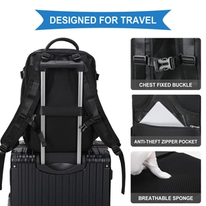 Black travel backpack with chest buckle, anti-theft pocket, and breathable sponge back pad