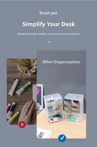 Macro shot of frosted multi-grid desk organizer showing before and after storage effect