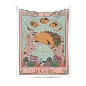 Macro detail of THE TACO tarot tapestry featuring zodiac symbols and soft pink green tones