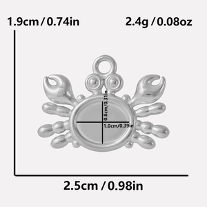Technical diagram of stainless steel crab pendant with measurements and oval bezel setting