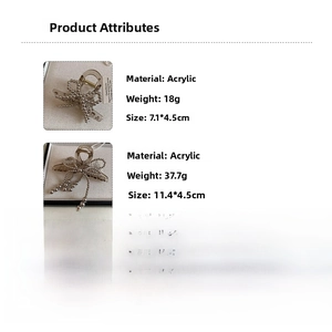 Detailed size and weight chart for acrylic bow hair clips with imitation pearl accents