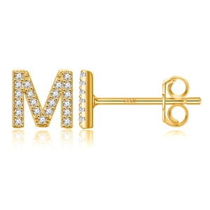 Detailed close-up of M-shaped gold-plated stud earring with S925 silver needle and crystals