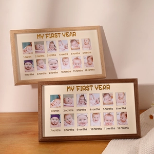 Baby my first year growth photo frame in light and dark wood with 12 monthly photo slots