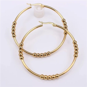 Gold stainless steel hoop earrings with movable beads minimalist jewelry for women