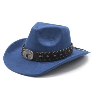 Close-up of blue suede cowboy hat featuring silver bull head buckle and star studs