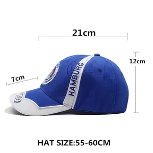 Blue and white baseball cap with Hamburg embroidery and detailed size chart measurements