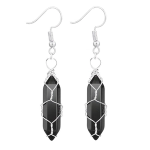 Detail of silver wire-wrapped hexagonal black stone pendant earrings with silver hooks