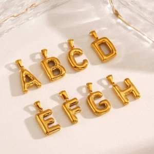 Golden chubby bubble letter pendants A-H in polished stainless steel for DIY jewelry