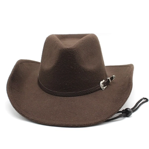 Detail of dark brown wool felt cowboy hat with embossed band and silver floral buckle