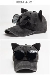 Detail of washed grey cotton baseball cap with 3D cat ears and integrated sunglasses