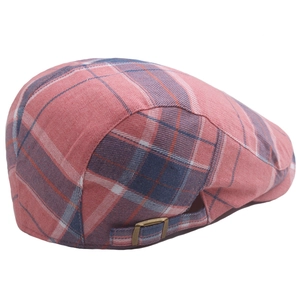Classic red, blue and white plaid flat cap with adjustable bronze metal buckle