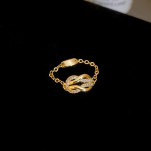 Close-up of golden chain ring featuring a zircon-encrusted horseshoe knot and a metal tag