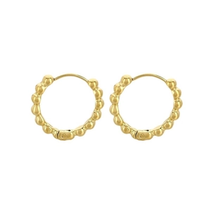 Minimalist gold beaded hoop earrings with a polished metallic finish on a white background