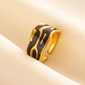 Retro 304 stainless steel adjustable gold ring with black enamel wave texture