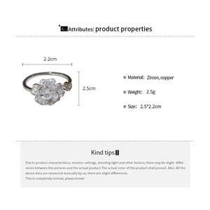 Detailed size specifications for silver flower zircon ring measuring 2.5cm by 2.2cm