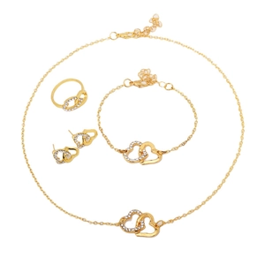 Elegantes goldenes Schmuckset mit Doppelherz-Design inklusive Kette, Armband und Ohrringen