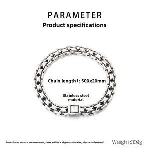 Detailed specs of the 20mm wide stainless steel chunky chain showing 500mm length and weight