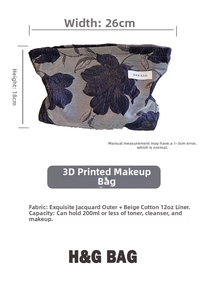 Detailed view of dark blue floral jacquard fabric with dimensions 26cm width and 18cm height