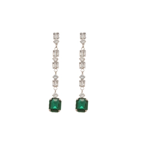 Sparkling silver drop earrings with emerald green square stones and tassel crystals