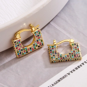 Luxurious gold plated copper hoop earrings with colorful zircon stones in bag shape