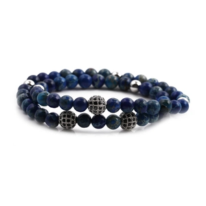 Set bracciale in pietra imperiale blu e perle argentate con sfere in zircone nero