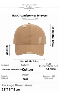 Detailed size chart for distressed cotton baseball cap showing 54-60cm circumference