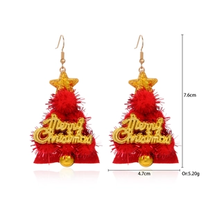 Detailed view of red plush Christmas tree earrings with size measurements and gold details