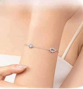 Detailed close-up of S925 silver Hamsa hand and blue evil eye charms on woman's wrist