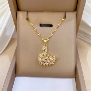 Swan Pendant Necklace Titanium Steel Chain Copper Cubic Zirconia Gold Color Elegant Dainty Jewelry For Women
