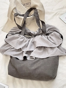 Large grey ruffle tote bag with double handles and suede texture for student daily use